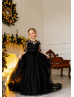 Black Lace Tulle Wedding Party Flower Girl Dress With Train